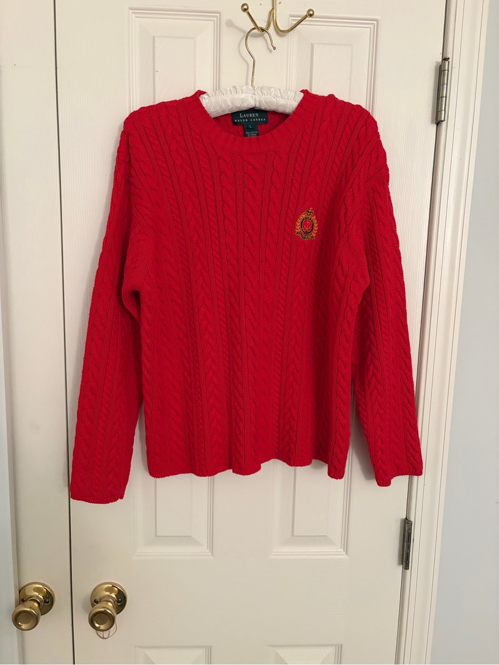Ralph Lauren Red Cable-Knit Crewneck Sweater with Embroidered Crest